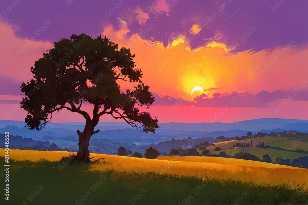 Obraz premium Impressionism painting sunset view from hill top, a tree, city mountains