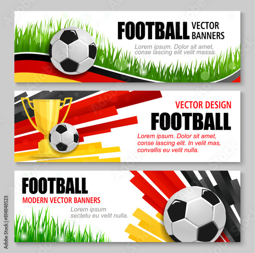 Euro soccer cup Germany 2024 banners with realistic 3d football balls, trophy and grass. Vibrant vector dynamic backgrounds with German flag black, red, yellow colors, promoting the tournament event © Vector Tradition