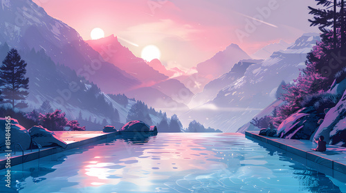 Flat Design Backdrop: Elevated Mountain Hot Springs Gazing Concept Immersed in Soothing Thermal Waters, Panoramic Vistas Flat Illustration