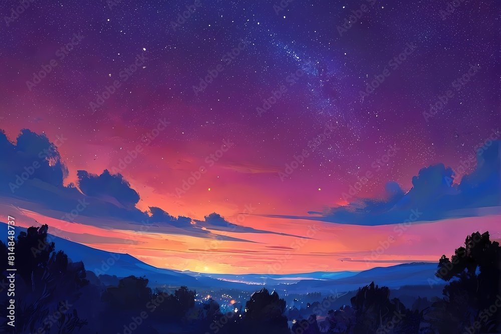 Naklejka premium Impressionism painting sunset over forest clouds