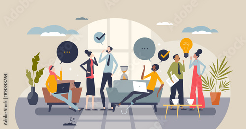 Diversity and inclusion in workplace with acceptance tiny person concept. Business environment with ethnical, gender, racial and individualities vector illustration. Social responsible work company.