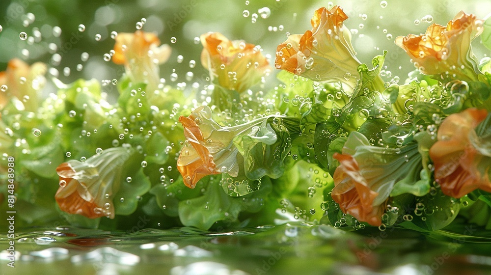 A close-up of flowers with water splashing off petals and leaves on stems A close-up of flowers with water splashing off petals and leaves on stems