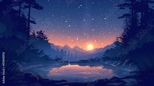 Starlit Soak in Hot Springs: Natural Magic Under a Starry Sky A Warm and Celestial Experience in Flat Design Backdrop