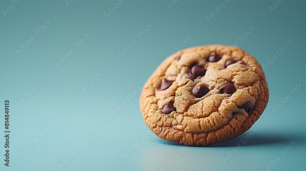 A close-up shot of a chocolate chip cookie on a blue background with a single bite removed from one of the cookies A close-up shot of a chocolate chip cookie on a blue background with a single bite removed from one of the cookies