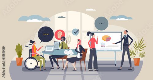 Diversity and inclusion in workplace for fair social equality tiny person concept. Various ethnical, racial and gender groups for diverse business company vector illustration. Office community team. © VectorMine