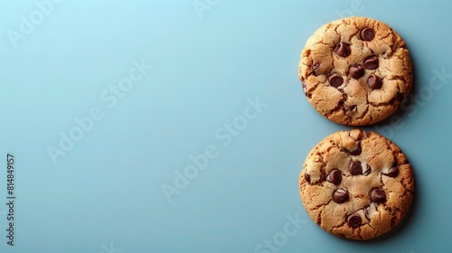   Two chocolate chip cookies sit adjacent on a blue surface with a nibble taken from one cookie photo