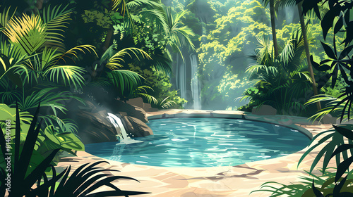 Flat Design Backdrop  Tropical Paradise Hot Springs   Lush Greenery  Hidden Oasis for Secluded Soak