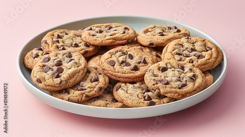  A platter of chocolate chip cookies atop a pink cloth with a white cookie bowl in the foreground