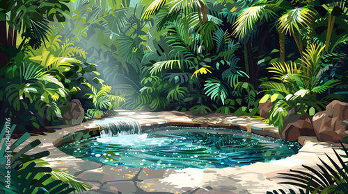 Tropical Paradise Hot Springs: Lush Greenery Surrounding a Hidden Oasis, Perfect for a Secluded Soak Flat Design Illustration