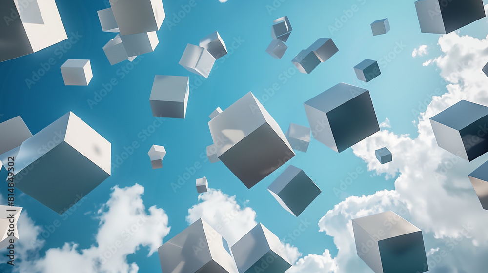 A sky full of white cubes, which are scattered all over the sky. The cubes are of different sizes and are flying in different directions. The scene gives off a sense of chaos and disarray A sky full of white cubes, which are scattered all over the sky. The cubes are of different sizes and are flying in different directions. The scene gives off a sense of chaos and disarray