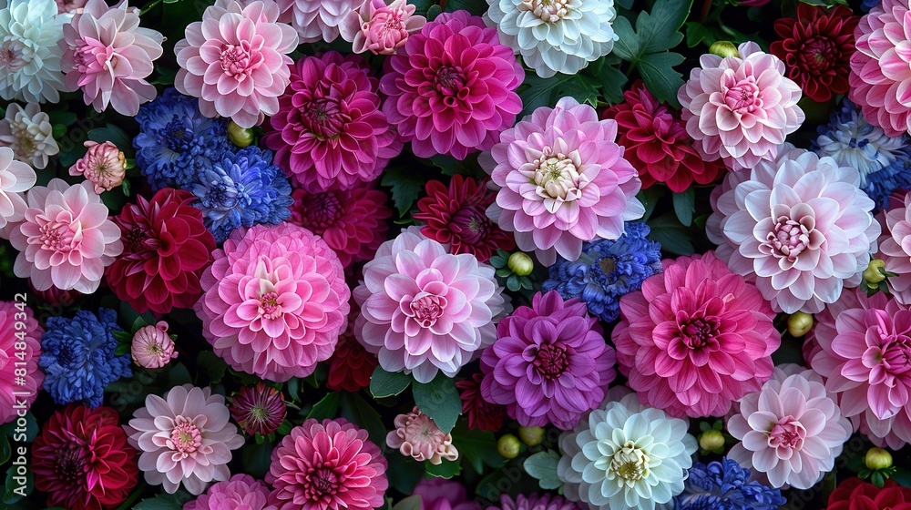 Close-up of a bouquet featuring vibrant pinks, purples, and blues Close-up of a bouquet featuring vibrant pinks, purples, and blues
