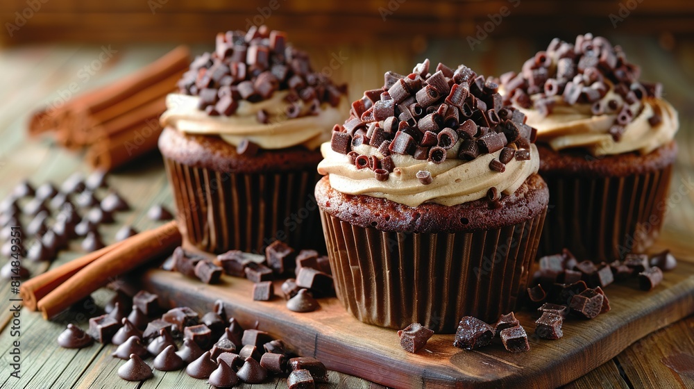 Three chocolate cupcakes with frosting and chocolate chips on a cutting board next to cinnamon sticks Three chocolate cupcakes with frosting and chocolate chips on a cutting board next to cinnamon sticks