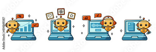 Using AI. Chat bot assistant for online applications. Cartoon vector concept illustrations