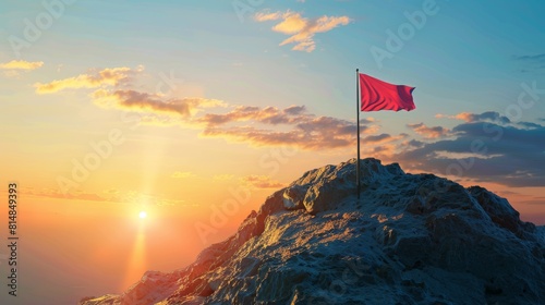 Flag on the mountain top symbolizes the concept of achieving business goals.