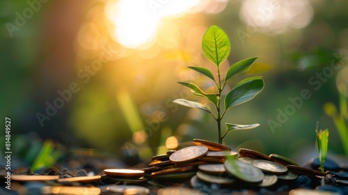 green plant growing from a pile of coins, business finance saving banking green investment growth, finance sustainable