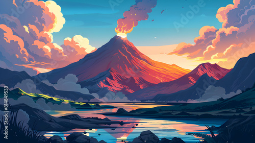 Discover the intense energy of Volcanic Basin Hot Springs: a flat design backdrop showcasing the raw power of nature with dramatic landscapes. Concept for exploration and relaxatio photo