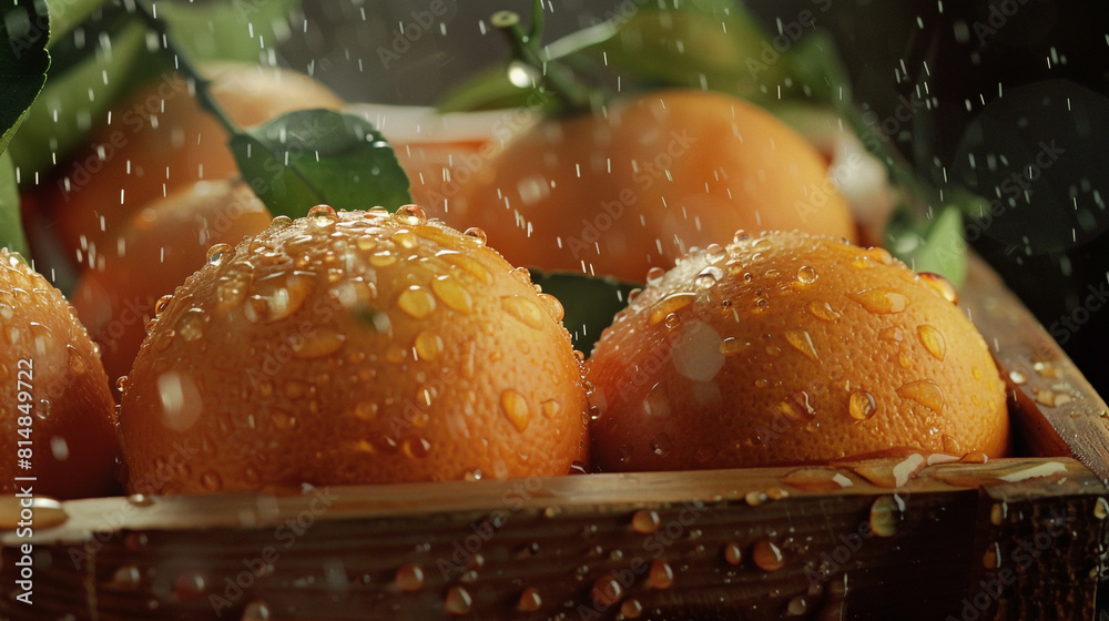 Fresh oranges are arranged in a wooden basket, with droplets of water glistening on their smooth skin. 
