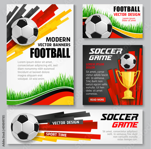 Germany 2024 euro soccer cup banners and posters vector set feature dynamic football balls, trophies and grass with black, red and yellow German flag colors promoting national league soccer tournament