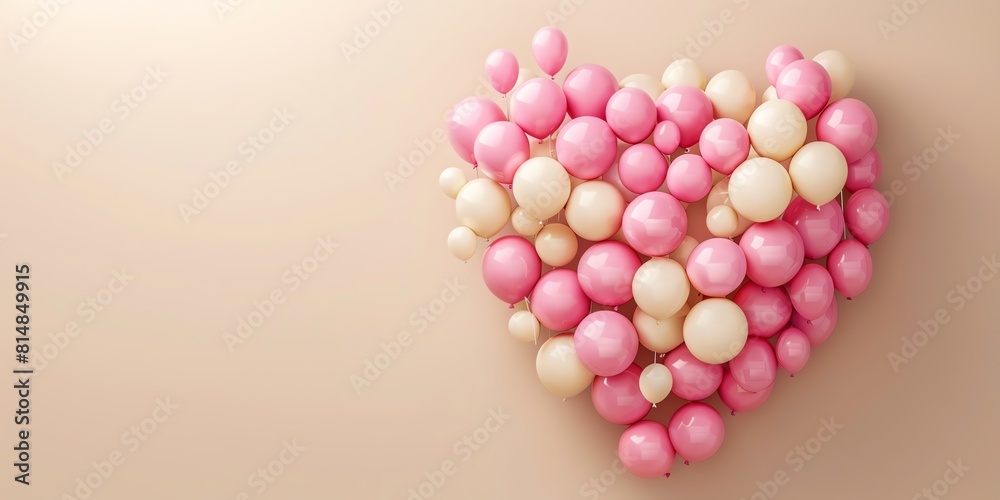 A romantic 3D artwork featuring a heart shape formed by pink and cream balloons, with a neutral background providing copy space A romantic 3D artwork featuring a heart shape formed by pink and cream balloons, with a neutral background providing copy space