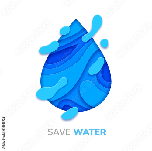 Save water environment concept, blue drop paper cut banner with vector 3d splashes bubbles and waves. Eco clear fresh water drop with papercut wavy pattern of blue aqua flow layers, ecology themes