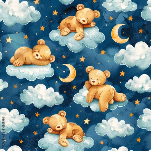 Cute  hand-drawn watercolor pattern of teddy bears snuggling on moonlit clouds  perfect for creating a calming and beautiful backdrop