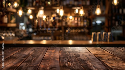 Empty wooden table and countertop with blurred bar background for product placement design. copy space for text