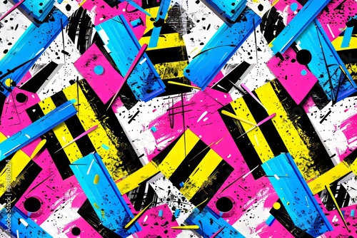 Memphis style abstract hand drawn textures background with geometric shapes and vibrant colors