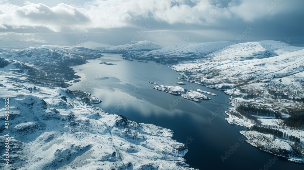 Aerial view of the Scottish Highlands, showcasing the rugged terrain and deep blue lochs under the dramatic skies of Scot
