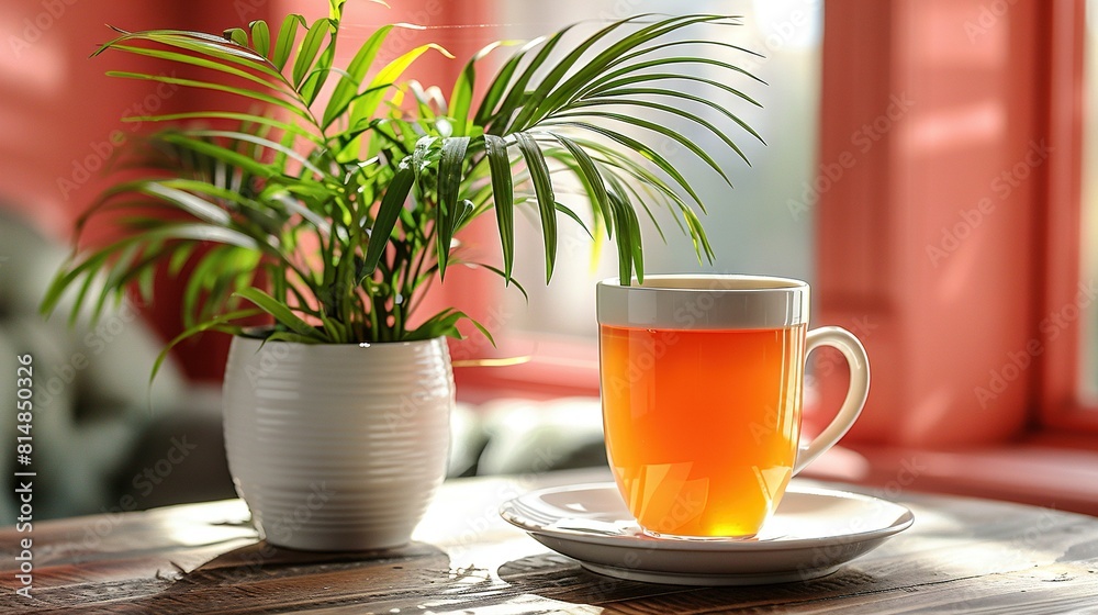 A teacup rests atop a saucer beside a potted plant, positioned before a window A teacup rests atop a saucer beside a potted plant, positioned before a window