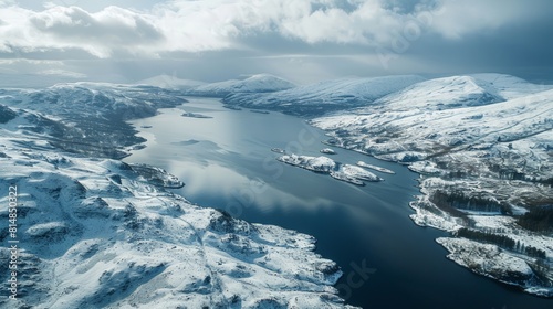 Aerial view of the Scottish Highlands, showcasing the rugged terrain and deep blue lochs under the dramatic skies of Scot