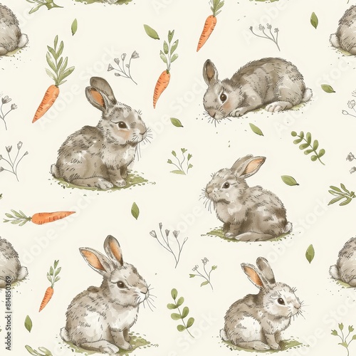 Delicate seamless pattern of bunnies and scattered carrots in a meadow, each element hand-drawn to capture the serenity and beauty of nature