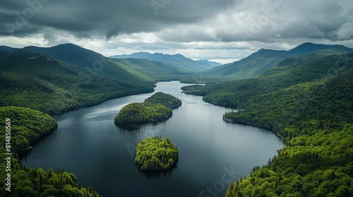 Aerial view of the Adirondack Mountains in New York, USA, a vast park area with over six million acres, offering endless