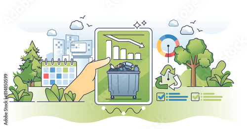 Waste reduction and garbage recycling eco strategy outline hands concept. Plan with nature conservation and reducing trash storage amount vector illustration. Effective and clean trash organization. © VectorMine