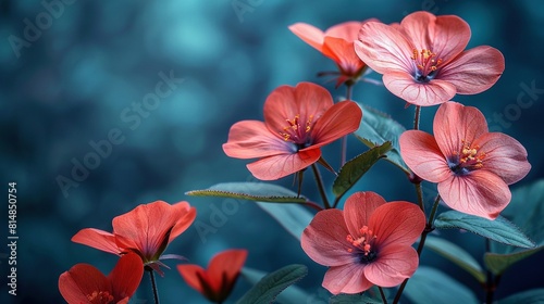  A cluster of crimson blooms against a backdrop of blue-green with leafy foliage, set on a fuzzy background