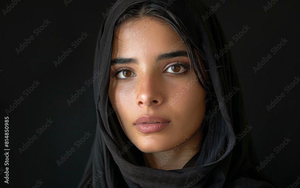 A woman with a black scarf on her head. She has brown eyes and a nice smile A woman with a black scarf on her head. She has brown eyes and a nice smile