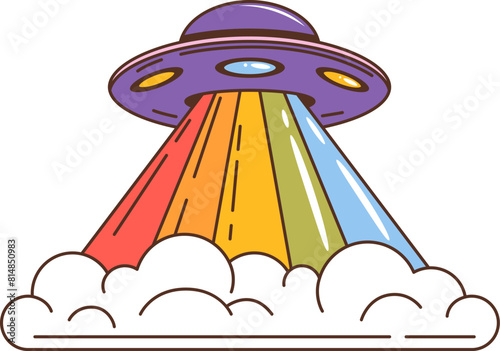 Retro groovy ufo saucer, space engine from the psychedelic era flying or hovers with smoke clouds, its purple dome and rainbow trail exuding funky, far-out vibes reminiscent of retro science fiction