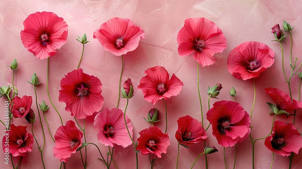   Red flowers on pink wall with green stems between petals
