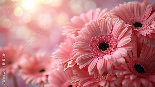   A close-up of pink flowers with a bright background and blurred foreground