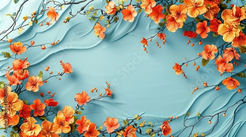   A painting depicts orange blossoms against a blue canvas with a water wave in the lower right