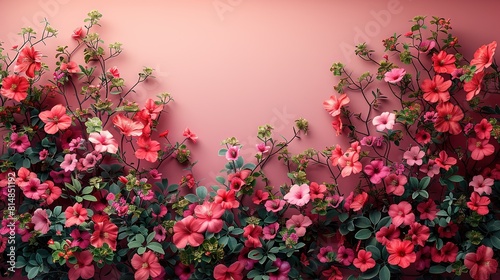   Pink and red flowers on a pink background with a pink wall in the center © Shanti