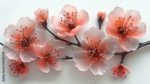   A cluster of pink blossoms resting atop a white table surface alongside one another