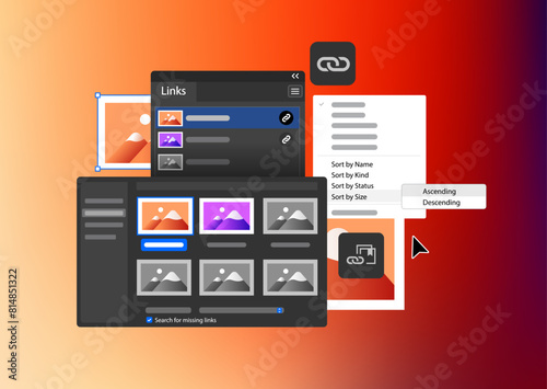 Link panel in program for illustrators. Relink missing files. Vector illustration