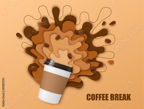 Coffee paper cut banner with drink splash and coffee beans. Realistic 3d vector disposable papercut mug with a dynamic liquid beige and brown splatters, energetic refreshing hot drink spill, explosion