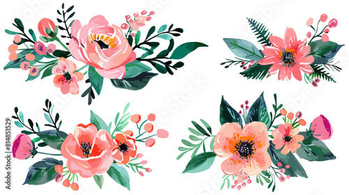 Set of watercolor floral flower arrangements in pink and peach on a white background