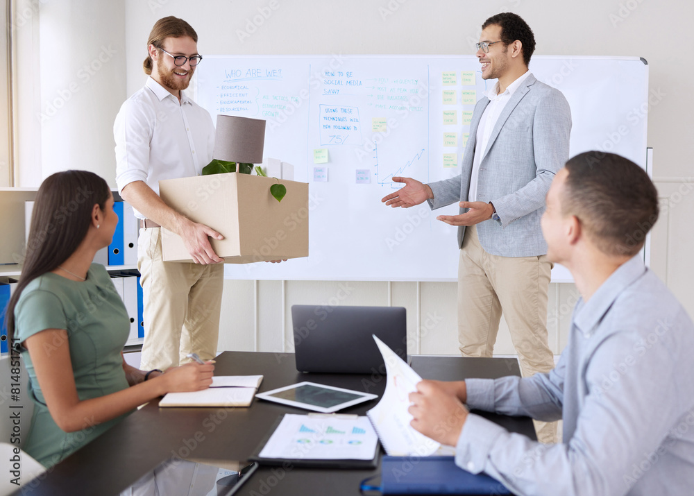 Business people, man and new job with introduction to team with box, happy and welcome with kindness. Human resources manager, employee and group with greeting, hello and fresh start with opportunity
