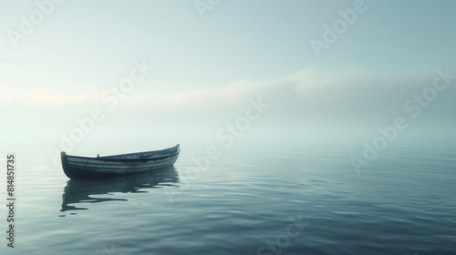 A calm ocean during early morning, mist hovering over the surface. A lone boat floats gently, peaceful and isolated.  photo