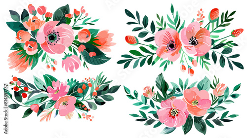 Set of watercolor floral flower arrangements in pink and peach on a white background