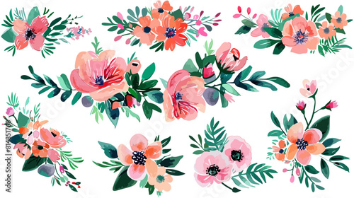 Set of watercolor floral flower arrangements in pink and peach on a white background