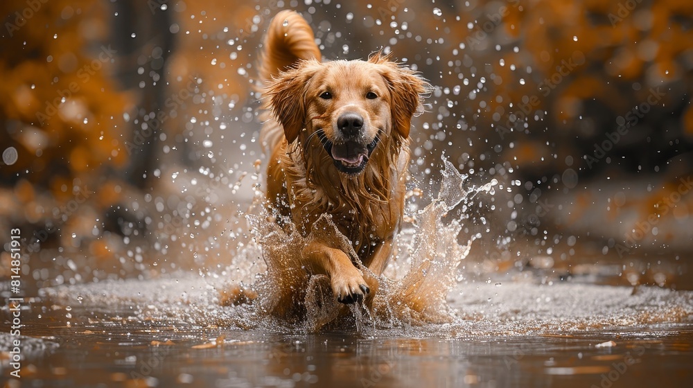 Generate a visual representation of a dog splashing in a puddle Generate a visual representation of a dog splashing in a puddle