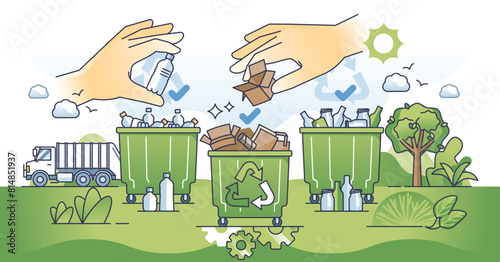 Recycling program with green waste management system outline hands concept. Material conservation and reuse for sustainable and environmental zero pollution disposal system vector illustration. © VectorMine